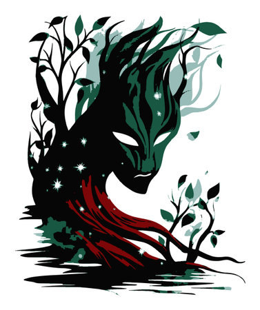 An enchanting illustration depicting a mysterious forest spirit emerging from nature. The artwork blends vibrant colors and ethereal elements, evoking a sense of magic.のイラスト素材