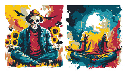 A striking abstract illustration depicting a skull in meditation surrounded by sunflowers and a headless figure. Vibrant colors create a surreal atmosphere.のイラスト素材