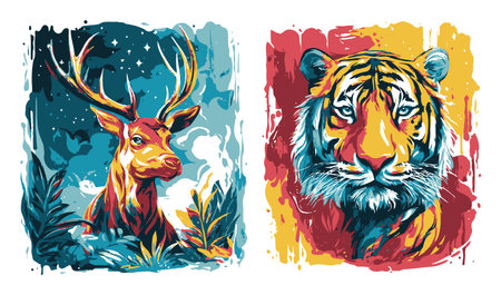 Captivating abstract illustration featuring a deer and tiger, showcasing vibrant colors and unique artistic style. Perfect for nature lovers and art enthusiasts.のイラスト素材