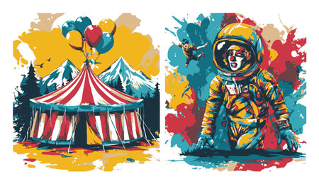 This striking illustration combines a lively circus tent with balloons and an astronaut in a colorful abstract style, capturing fun and adventure.のイラスト素材