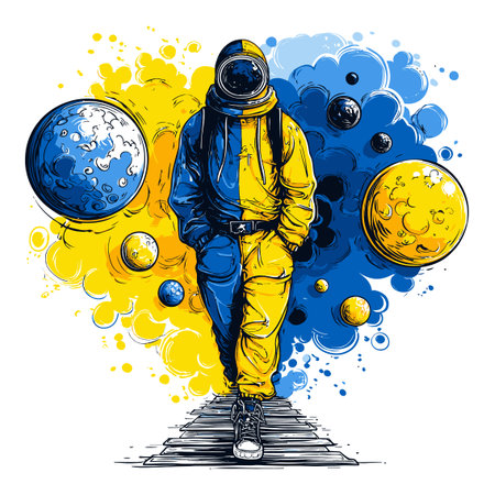A vibrant hand-drawn illustration of an astronaut walking through a colorful cosmic landscape. The artwork features planets and dreamy backgrounds, capturing the essence of space exploration and imagination.のイラスト素材