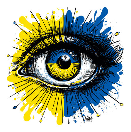 A striking hand-drawn eye illustration featuring a vibrant yellow and blue abstract splash, capturing creativity and artistic expression in a modern style.のイラスト素材