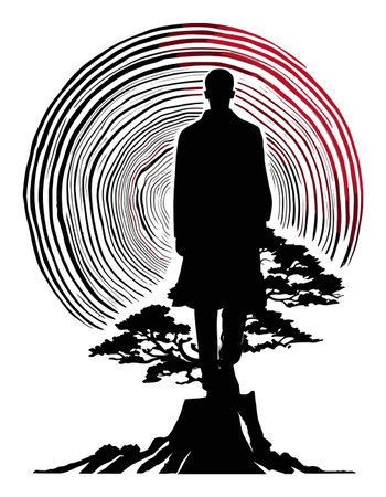 This abstract illustration features a silhouetted figure against a dynamic background, evoking themes of solitude and reflection through striking red and black patterns.のイラスト素材