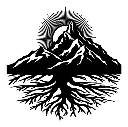 A striking black and white engraving depicting a mountain with roots and a sun. Perfect for nature enthusiasts or creative projects, this illustration captures strength and beauty.のイラスト素材