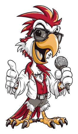This colorful hand-drawn cartoon bird character showcases a fun and lively design. Equipped with sunglasses and a microphone, it embodies a playful spirit and brings a unique personality to any project.のイラスト素材