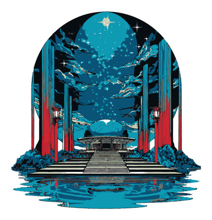 Stunning illustration featuring a tranquil landscape silhouetted against a starry night sky. Reflections on water enhance the serene atmosphere and artistic design.のイラスト素材