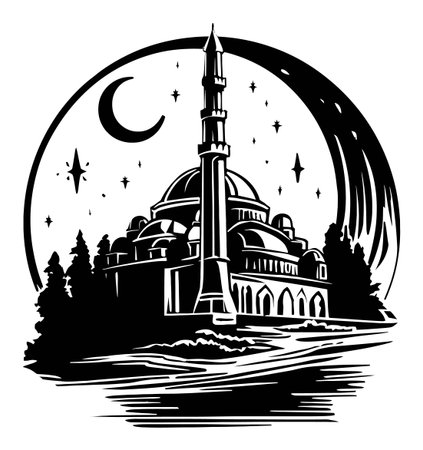 Captivating black and white illustration of a historic mosque silhouetted against a moonlit sky, featuring intricate architecture and serene landscape elements.のイラスト素材