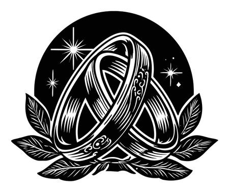 This striking engraving features intertwined rings surrounded by decorative leaves and stars, symbolizing love and unity, perfect for wedding-themed art.のイラスト素材