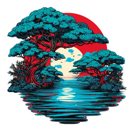 This striking illustration features a vibrant silhouette of trees reflected in still waters, set against a colorful sky with a sun and moon. Perfect for nature lovers.のイラスト素材