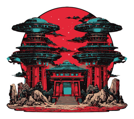 A striking illustration featuring futuristic structures silhouetted against a dramatic red sky, ideal for use in creative design and cultural themes.のイラスト素材