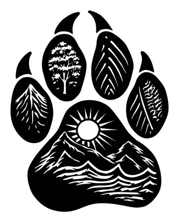 This intricate engraving features a paw print infused with nature elements like trees and mountains, embodying a blend of wildlife and artistry.のイラスト素材