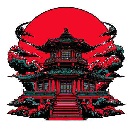 A captivating illustration of a traditional Asian temple silhouette set against a striking red background, capturing essence, culture, and artistic elegance.のイラスト素材