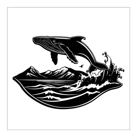 Stunning black and white engraving of a whale breaching the waves, surrounded by mountains. Perfect for marine themes, nature aesthetics, and wildlife art.のイラスト素材