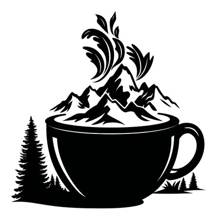A striking black and white engraving depicting a coffee cup rising with mountain elements. Perfect for designs related to nature, beverages, and artistic expressions.のイラスト素材