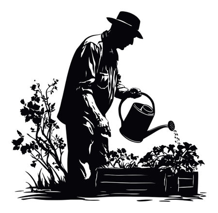 This vintage-style engraving illustrates a gardener nurturing plants with a watering can. Ideal for themes of horticulture, nature, and homemade gardening.のイラスト素材