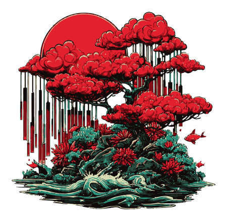 A captivating illustration showcasing a vibrant tree silhouetted against a red sun, surrounded by lush flora and aquatic life, creating a serene landscape.のイラスト素材