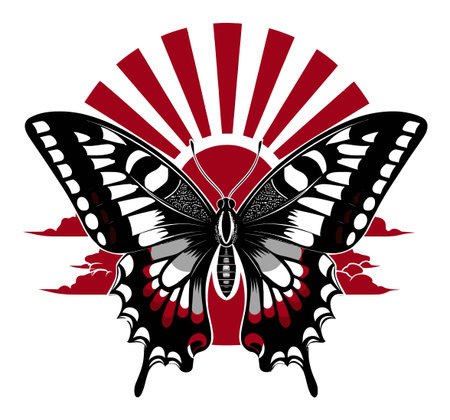 This striking abstract illustration features a bold butterfly design against a radiant sun backdrop. The graphic art emphasizes intricate details and contrasting colors.のイラスト素材