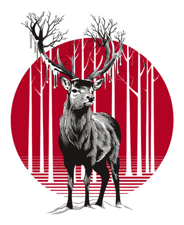 This abstract illustration features a majestic deer against a bold red background and minimalist white trees, creating a striking visual impact and unique artistic expression.のイラスト素材