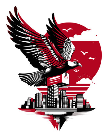 This striking illustration features a dynamic bird soaring over an abstract cityscape, blending natural and urban elements in a bold color palette.のイラスト素材
