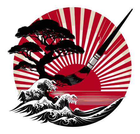 Stunning abstract illustration showcasing a dynamic interplay of nature and artistry. This design features waves and a tree against a sun backdrop, emphasizing creativity and harmony.のイラスト素材