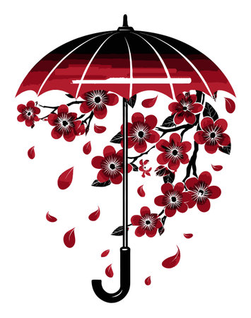 Discover a beautiful abstract illustration of an umbrella adorned with vibrant red flowers and falling petals, creating an elegant and artistic composition perfect for various creative projects.のイラスト素材