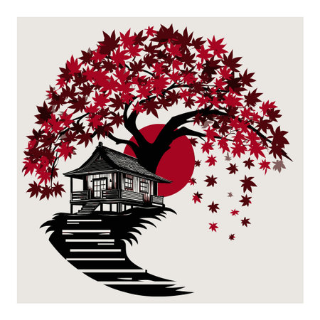Vibrant abstract illustration of a traditional Japanese house beneath a striking maple tree against a red sun, radiating tranquility and beauty in nature.のイラスト素材