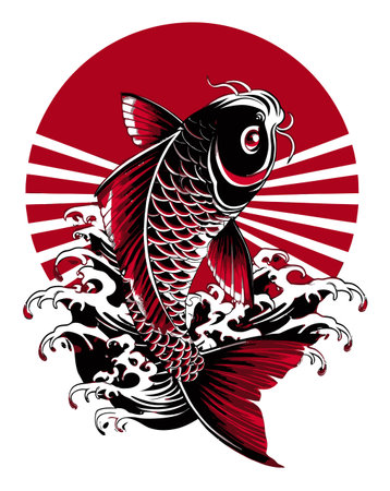 This stunning abstract illustration features a koi fish in red and black, surrounded by dynamic waves. It symbolizes strength and tranquility, perfect for artistic themes.のイラスト素材