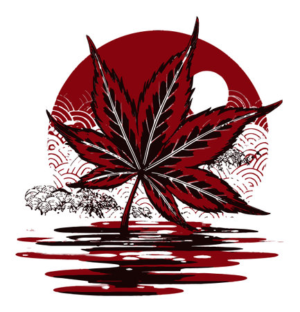 This striking abstract illustration features a red leaf against a vibrant circle, reflected in water. The design evokes tranquility and a connection to nature.のイラスト素材