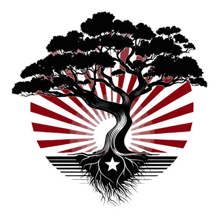 This abstract illustration features a stylized tree with intricate roots, set against a radiating background. It symbolizes growth and harmony in nature. Perfect for artistic projects.のイラスト素材