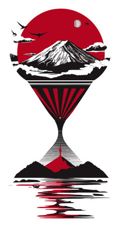 This abstract illustration features a striking hourglass shape depicting a majestic mountain...