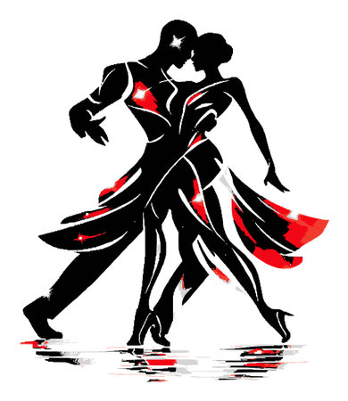 This artwork features a striking silhouette of a couple dancing passionately. The vivid colors and dynamic motion create a romantic atmosphere, perfect for art lovers.のイラスト素材