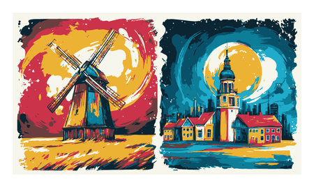 This vibrant abstract illustration showcases a windmill and a building in striking colors. Perfect for enhancing creative projects or artistic presentations.のイラスト素材