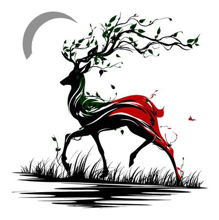 This captivating illustration features a graceful deer silhouette adorned with branches and leaves, showcasing elegant motion and flowing red fabric against a serene landscape.のイラスト素材