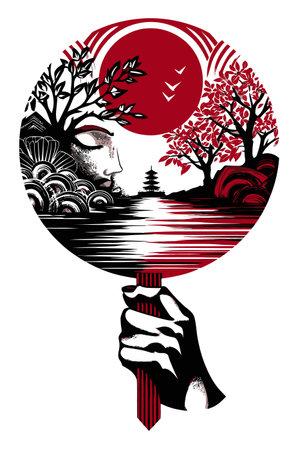 This stunning abstract illustration features a hand holding a fan, adorned with natural elements. The vibrant colors showcase a serene landscape, embodying cultural significance and artistic elegance.のイラスト素材