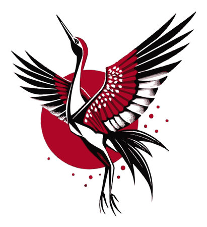 This stunning illustration features an elegant crane in flight, showcasing bold red and black colors against a vibrant circle backdrop, perfect for art enthusiasts.のイラスト素材