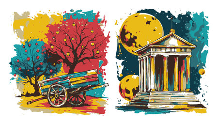 This vibrant abstract illustration showcases a cart, colorful trees, and a classical temple against a cosmic backdrop, blending nature and architectural elements in a playful style.のイラスト素材