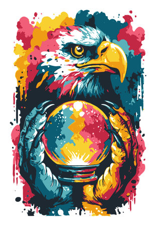 This vibrant abstract illustration features an eagle gripping a crystal ball, symbolizing power and vision. The dynamic colors and bold design create a captivating visual experience.のイラスト素材