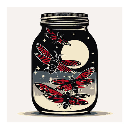 This striking illustration features red moths captured in a jar against a serene nighttime background. The art blends whimsy and nature in a unique aesthetic.のイラスト素材