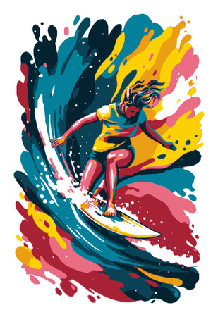This vibrant abstract illustration showcases a woman surfing on a colorful wave, capturing the essence of adventure and freedom in water sports.のイラスト素材