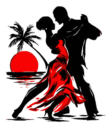 This stunning illustration depicts a romantic dance silhouette against a vibrant sunset, enhancing the passion and elegance of the moment.のイラスト素材