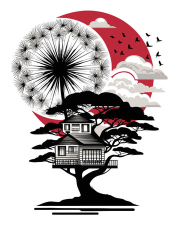 This abstract illustration features a whimsical tree house alongside a dandelion silhouette, set against a vivid sunset. Perfect for nature-inspired art.のイラスト素材