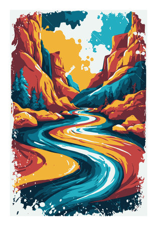 Capture the essence of nature with this vibrant, abstract landscape illustration showing a river winding through stunning rocky mountains and colorful trees.のイラスト素材