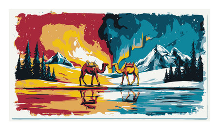 Discover a vibrant abstract illustration featuring camels in a colorful mountain landscape. The scene blends vivid colors with natural elements, creating a captivating visual.のイラスト素材