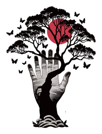 This abstract illustration depicts a hand intertwined with a tree against a vibrant sun, surrounded by butterflies. It symbolizes harmony and growth in nature.のイラスト素材
