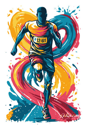This vibrant abstract illustration captures a dynamic runner in motion, surrounded by colorful swirls. It symbolizes energy, fitness, and the pursuit of athletic excellence.のイラスト素材