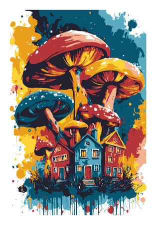 This vibrant abstract illustration features whimsical houses nestled under giant, colorful mushrooms. The dynamic colors and playful design evoke a dreamy, fantastical environment.のイラスト素材