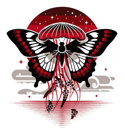 This abstract illustration features a striking butterfly combined with a jellyfish. The design uses a bold color palette of red, black, and white, blending natural elements with cosmic themes.のイラスト素材