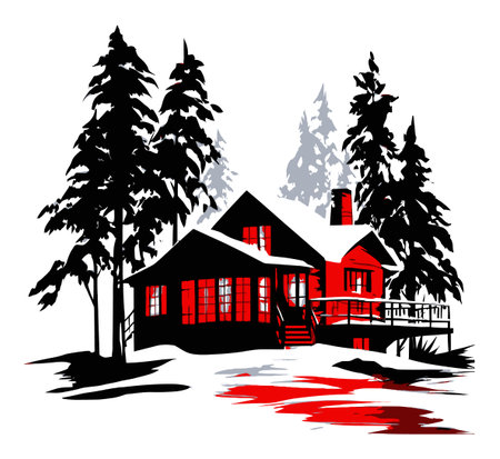 A striking illustration of a cozy red cabin nestled among tall pine trees in a serene winter landscape, capturing the essence of rustic charm and tranquility.のイラスト素材