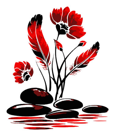 This stunning illustration features vibrant red flowers, elegant feathers, and smooth stones, creating a peaceful and harmonious composition for decor.のイラスト素材