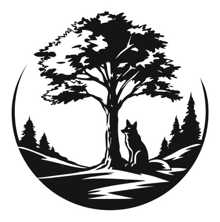 A finely detailed black and white engraving illustrating a fox beside a grand tree. This serene nature scene captures the beauty of wildlife in a minimalist style.のイラスト素材